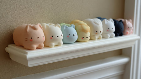 Floating shelf display of aesthetic cat toys in pastel colors and soft materialsの素材