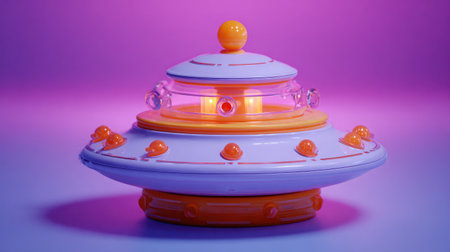 Cat toy dispenser shaped like a UFO with glowing lights and moving partsの素材