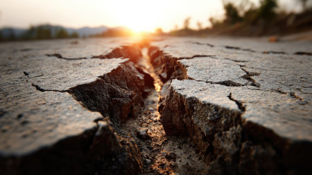 Crusty dry ground broken by long jagged cracks with dusty particles in crevicesの素材