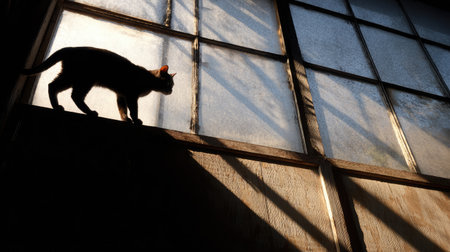 Feline silhouette climbing up a sunlit window pane with streaks of dust and lightの素材