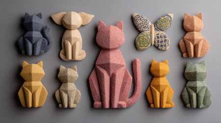 Felt cat toys in geometric shapes arranged in a symmetrical pattern on a gray backgroundの素材