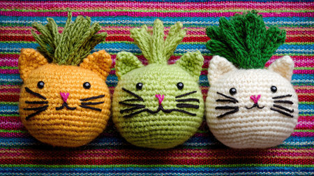 Handmade crochet cat toys shaped like vegetables placed on a striped fabric matの素材