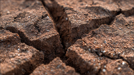 High-detail macro view of arid soil showing tight cracks and crusty surface grainsの素材