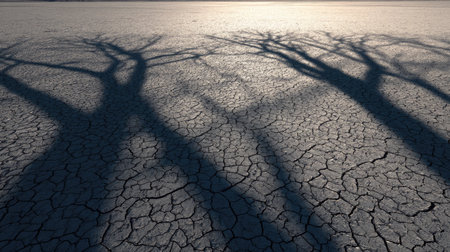 Isolated cracked desert floor with shadows emphasizing the texture and lines of drynessの素材