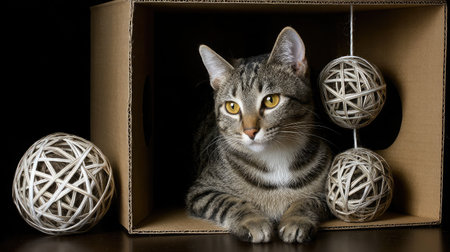 Homemade cardboard cat toy house with hanging yarn balls insideの素材