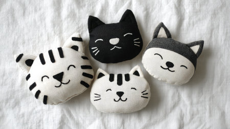 Monochrome styled cat toys with minimalist design on white cloth backgroundの素材