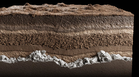 Layered soil view with upper crust broken apart into jagged fragments due to heatの素材
