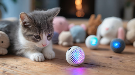 Laser pointer cat toy placed next to small treat-dispensing ball and soft plushiesの素材