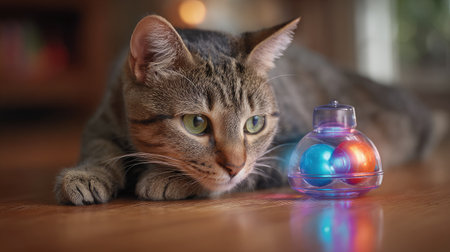 Multi-level interactive cat toy with spinning balls and LED lights on smooth floorの素材