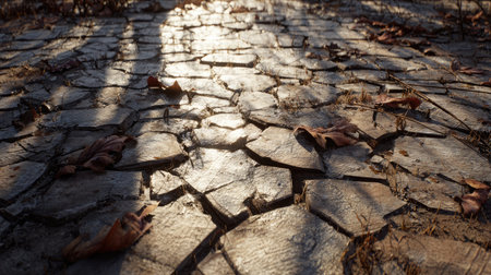 Sunlit cracked earth with random debris and dry plant remnants adding depthの素材