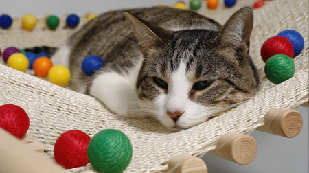 Miniature cat hammock toy structure with balls attached under the frameの素材
