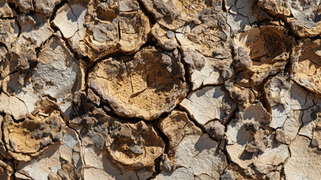 Natural desert pattern created by dried and split mud layers exposed under scorching sunlightの素材