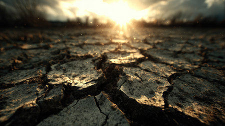 Low-angle shot across a barren land with cracked, lifeless surface textures under harsh lightの素材