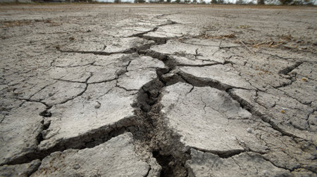 Uneven, desiccated soil crust with wide cracks and a dry matte finish in a barren settingの素材
