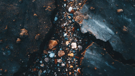 Top-down photo of cracked ground with scattered pebbles and deep, angular crevicesの素材