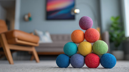 Multi-color cat toy balls stacked in a pyramid shape on a clean, modern floorの素材