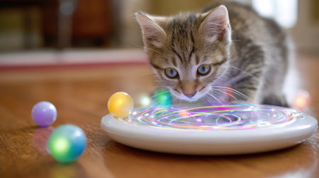 Multi-level interactive cat toy with spinning balls and LED lights on smooth floorの素材
