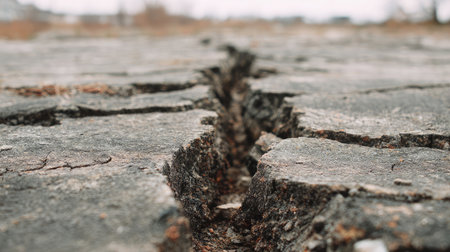 Uneven, desiccated soil crust with wide cracks and a dry matte finish in a barren settingの素材