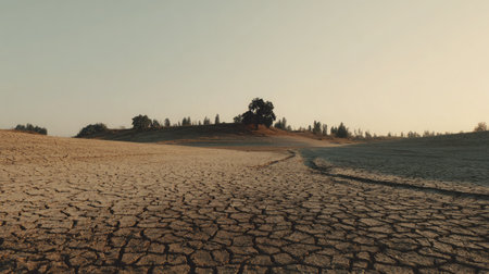 Wide view of a drought-affected field with deeply split earth resembling desert landの素材