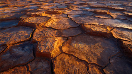 Natural patterns on cracked earth surface under direct sunlight in a desert regionの素材