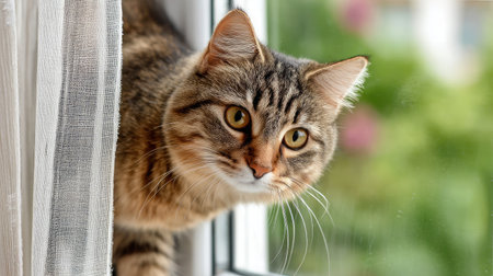 Striped cat with determined eyes ascending a sheer window curtainの素材