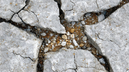 Top-down photo of cracked ground with scattered pebbles and deep, angular crevicesの素材