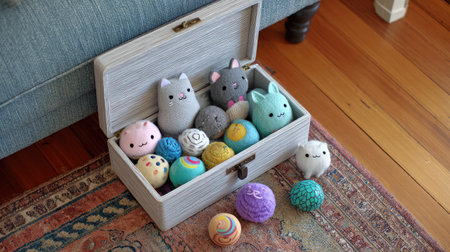 Open toy box overflowing with plush cat toys and interactive spinnersの素材