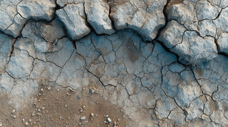 Top-down photo of cracked ground with scattered pebbles and deep, angular crevicesの素材