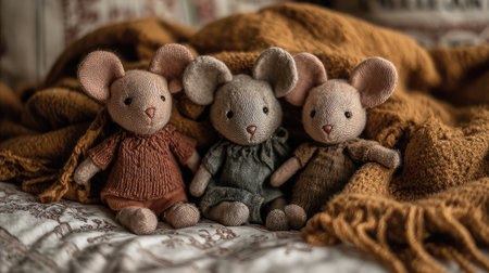 Velvet toy mice in earthy tones arranged beside a cozy cat blanketの素材