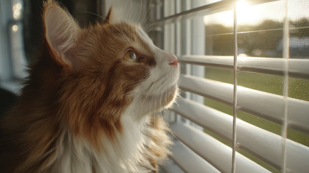 Orange and white cat scaling open shutters toward a bright outdoor viewの素材