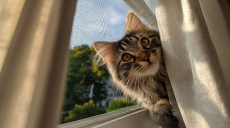 Tabby clinging to top corner of window screen with curtains framing the viewの素材