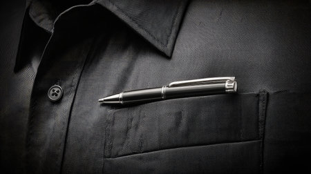 A black shirt pocket with a sleek pen clipped diagonally, captured in dramatic lightingの素材