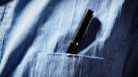 Black ink pen clipped onto a blue-striped shirt pocket with visible fabric texture and shadowsの素材
