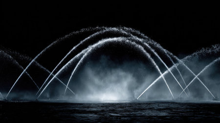 Abstract image of water arcs crisscrossing in the air from a modern fountainの素材