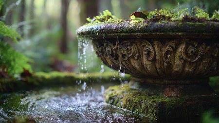 Ornate fountain bowl with cascading water over mossy edges in soft focusの素材