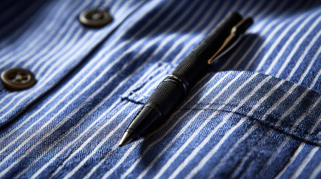Black ink pen clipped onto a blue-striped shirt pocket with visible fabric texture and shadowsの素材