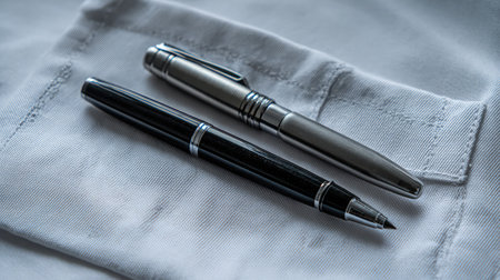 Dual pens clipped beside each other in a lab coat pocket on a soft neutral backgroundの素材