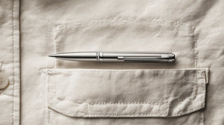 Ballpoint pen with chrome accents clipped into a neatly ironed shirt pocket with stitching detailの素材