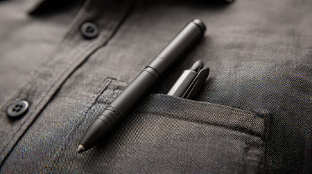 Black matte pen clipped into a chest pocket of a dress shirt, buttons slightly visibleの素材