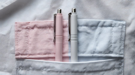 Dual pens clipped beside each other in a lab coat pocket on a soft neutral backgroundの素材