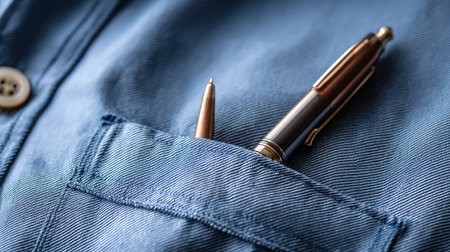 Business pen angled slightly in a shirt pocket, with soft light highlighting contoursの素材