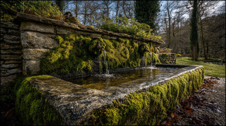 Moss-lined stone wall with spouts pouring water into a rectangular basinの素材