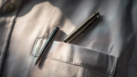 Business pen angled slightly in a shirt pocket, with soft light highlighting contoursの素材