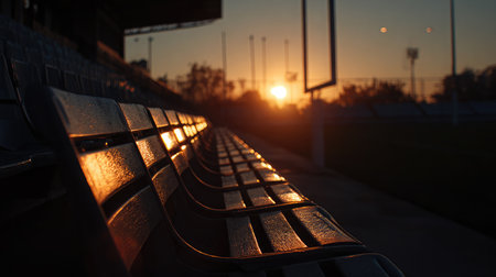 Sunrise casting a warm glow on empty stadium chairs and reflecting off goalpostsの素材