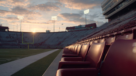Sunrise casting a warm glow on empty stadium chairs and reflecting off goalpostsの素材