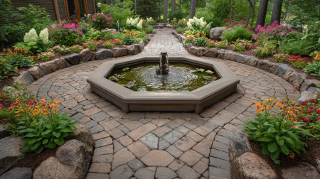 Garden pond with a bubbling central fountain surrounded by flowering plantsの素材