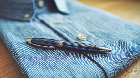 High-angle view of a pen resting in a pocket of a folded shirt on a flat surfaceの素材
