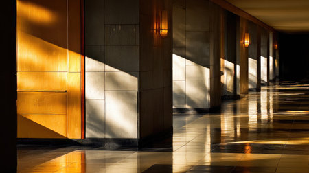 Interior stadium corridor bathed in golden morning light with angular shadow playの素材