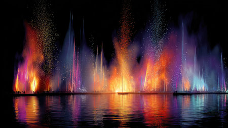 City fountain display with color-changing lights and programmable spray patternsの素材