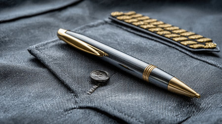Classic retractable pen clipped to a uniform-style shirt pocket with epaulet detailの素材
